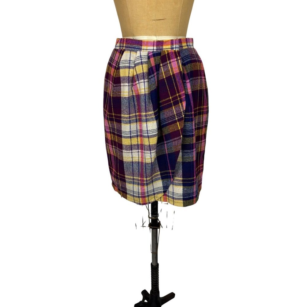 Vintage 70s Plaid Skirt Womens Small Multicolored Wool Blend Mini Wrap Academic